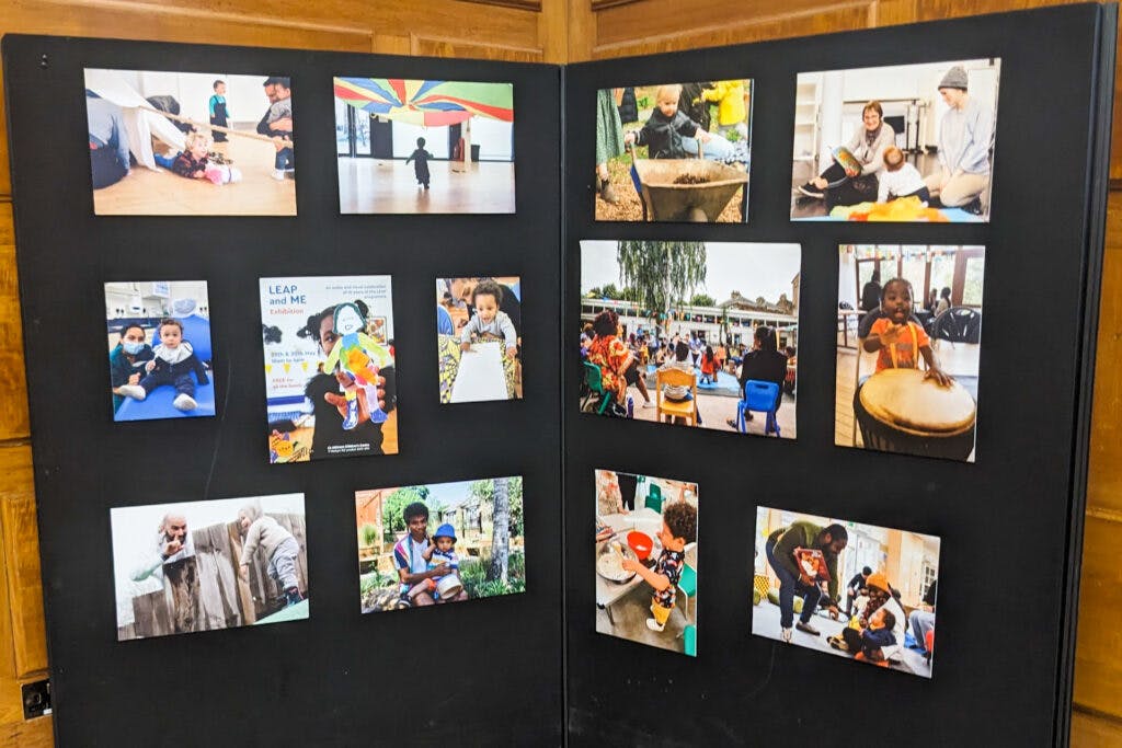 A photo display of early years services at the 10 Years of LEAP learning event.