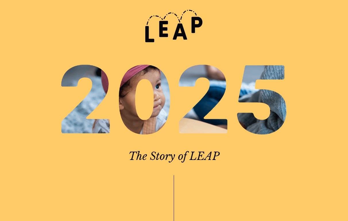 A screenshot of The Story of LEAP Landing page which shows the large 2025 year display with a picture of a toddler behind it.